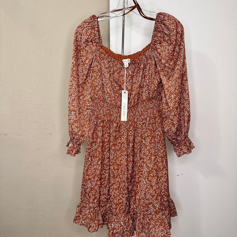 She + Sky Rust Floral Smocked Waist Ruffle Mini Dress SS7999 NWT Small